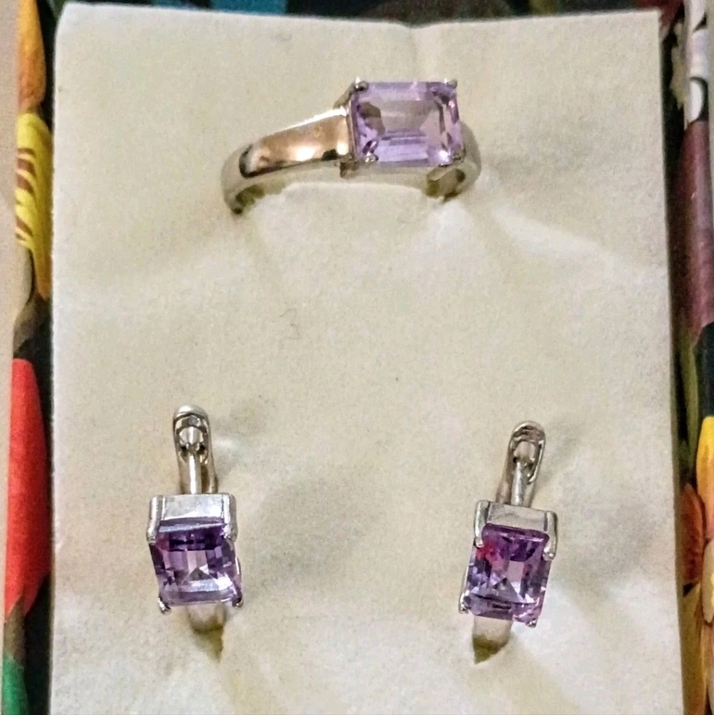 New Sterling Silver 925 Genuine Purple Amethyst Earrings & 8.5" Ring Set